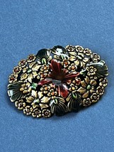 Estate Antique Goldtone Flower Cluster w Green &amp; Cranberry Enamel Brooch Pin – - £11.90 GBP