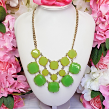 Green Square Lucite Gold Tone Link Bib Necklace Statement Necklace - £13.40 GBP