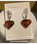 Heart Shape Baltic Amber Dangle Earrings Cognac Color Sterling Silver 925 - $54.63 CAD
