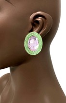 2&quot; Long Oval Cabochon Clip On Evening Earrings Rose Pink &amp; Green Crystals - £15.01 GBP
