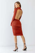 Brick Red Satin Effect Ruched Turtle Neck Long Sleeve Open Back Midi Dress_ - £14.95 GBP