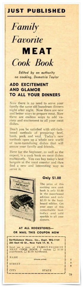 Print Ad Meat Cook Book Demetria Taylor 1959 1/4-Page Newsprint Advertis... - $9.70
