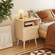 Oak Rattan Nightstand 22.83&quot;H, Side Table w/ Door &amp; Shelf for Bedroom - $53.99