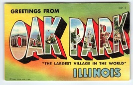 Greetings From Oak Park Illinois Large Letter Linen Postcard Vintage Curt Teich - £10.09 GBP