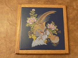 Painted Ceramic Glazed Tile Asian Motif Pheasant Birds Gold Detail Trive... - $39.60