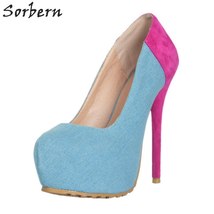 Fashion Blue Denim Women Dress Shoes Slip On Super High Heels Platform Ladies Pu - £133.83 GBP