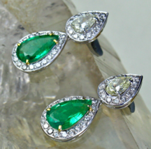 Natural Zambia Emerald Natural Solitaire Diamond Pear Cut 18K Gold Fine Earring - £14,428.37 GBP