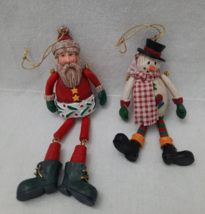 2 Russ Berrie Co Christmas Ornaments Jointed Arms Legs Folk Art Santa &amp; ... - $14.80