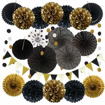 Party Decoration, 21 Pcs Black And Gold Hanging Paper Fans, Pom Poms Flowers, Ga - £22.37 GBP