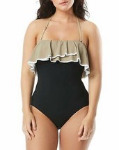 Coco Reef Contours Ruffled Bandeau Color block One-Piece Swim suit - £30.86 GBP