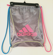 Adidas gym bag gray 18 in by 12 in, silver bag, pink and blue arm straps - $8.90