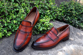 Handmade Red Patina Dress Loafers Shoes For Men Genuine Leather Custom Shoes - £129.06 GBP