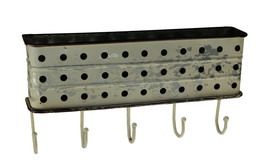 Distressed White Metal Wall Pocket with Hanging Hooks - £16.29 GBP