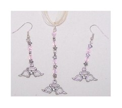Necklace Earrings Angel Charm Pink White Beads Sterling Hook 2&quot; Long Rib... - $15.00