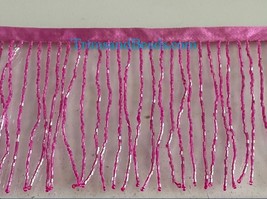 By the Yard-4&quot;-HOT PINK Glass BUGLE Bead Beaded Fringe Lamp Costume Trim - £11.96 GBP