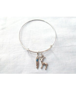 2 SIDED BUCK / DEER &amp; FEATHER BLUE DOT CHARMS SILVER ADJUSTABLE BANGLE B... - £4.77 GBP