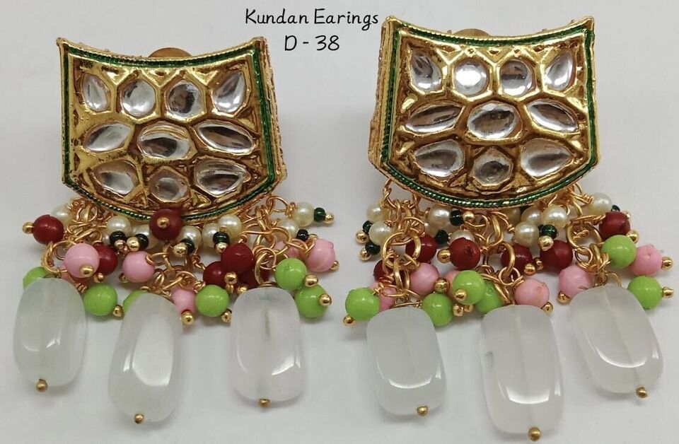 Primary image for Indian Kundan Earrings Tops Bridal Beads Meena Gift Punjabi Muslim Jewelry Set12