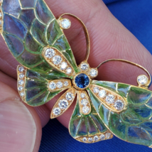 Earth mined Diamond Sapphire Deco Plique a Jour Enamel Brooch Filigree 18k Gold - $18,045.25