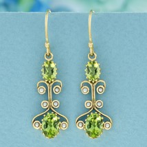 Natural Peridot and Pearl Vintage Style Dangle Earrings in Solid 9K Yellow Gold - $650.00