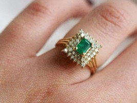 3Ct Emerald Simulated Emerald Engagement Ring 14k Yellow Gold Plated Double Halo - £105.23 GBP