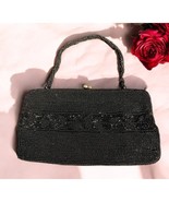 Vintage Walborg Black Beaded Wrist Purse Clutch 7.5&quot; x 4.5&quot; Gold Satin - $23.36