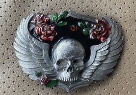 Vtg Siskiyou 1988 Skulls &amp; Roses Born To Raise Hell Pewter Enamel Belt Buckle - £23.69 GBP