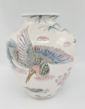 Vintage Hand Painted Enameled 9&quot; Chinese Porcelain Floral Vase w/ Birds &amp; Bamboo - £31.53 GBP