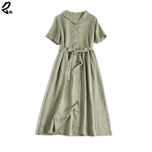 Full linen lapel short-sleeved V-neck single-breasted lace-up dress - £72.03 GBP+