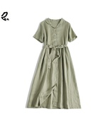 Full linen lapel short-sleeved V-neck single-breasted lace-up dress - £67.23 GBP+