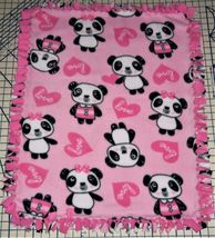 Panda Bears Fleece Blanket Baby Pet Lap Security Hand Tied Pink 30&quot; x 24&quot;  - $42.95