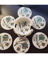 Marble Coaster Set Holder Semi Precious Abalone Shell Marquetry Floral I... - $7,338.22 MXN
