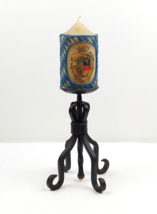 Vintage wrought iron candle holder with blue heraldic relief candle castle decor - £44.50 GBP