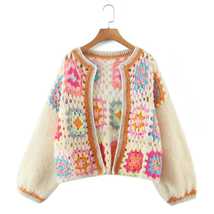 Bohemia Vintage Colored Plaid Flower Granny Square Hand Crochet Crop Cardigan_ - £46.89 GBP