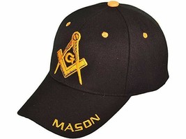 Freemason Mason Masonic Black Hat Cap Embroidered Adjustable Velkro Fast - £17.37 GBP