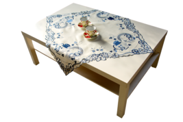 White Table Topper, Blue Embroidered  Kitchen Decor, 34x34&#39;&#39; - $40.00