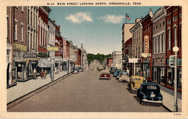 Postcard Greeneville Tenn Main Street Looking North Unposted Linen - $9.69