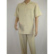 Men 2pc Walking Leisure Suit Short Sleeves DREAMS Plaid Satin 253-13 Sand image 2