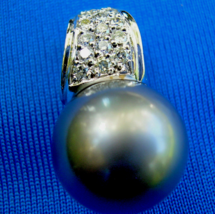 Earth mined Diamond Pearl Black South Sea Pendant 14k Gold Deco Design Charm - £1,265.15 GBP