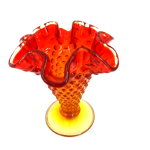 Fenton Red Orange Small Hobnail Cone Trumpet Vase Ruffled Edge 3-3/4” Tall - £38.94 GBP