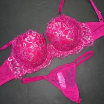 Victoria&#39;s Secret 32DDD Bra Set O/S Thong V-string Hot Pink Silver Foil Lace - £59.48 GBP