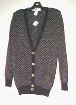 Black Multi Colored Button Down Cardigan Knit V-Neck Sweater Size 8 NEW - $16.79