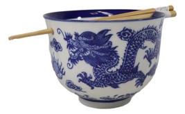 Blue White Oriental Dragon King Ceramic Donburi Ramen Bowl With Chopstic... - £14.69 GBP