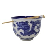Blue White Oriental Dragon King Ceramic Donburi Ramen Bowl With Chopstic... - $25.86 CAD