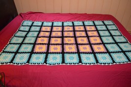 Crocheted Afghan Throw Blanket Granny Squares Purple Blue Boho Vtg 41 x 63&quot; - £30.79 GBP