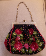 unused Floral beaded Evening Bag intricate hardware &amp; Metal Chain snap c... - $30.00