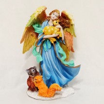 Angel with Animals Figurine 8&quot; Deer Fawn Brown Bear Squirrel Resin Blue - £22.88 GBP