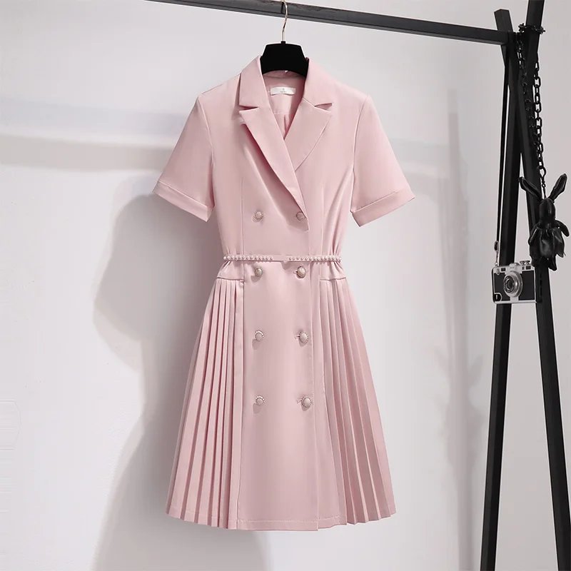 Dresses for women  summer pink short sleeve Office Lady suit pleated Dress doubl - £156.02 GBP