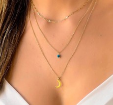 5MM Round Created Sapphire Triple Layered Moon Necklace Set in 14K Gold Over 925 - £91.82 GBP