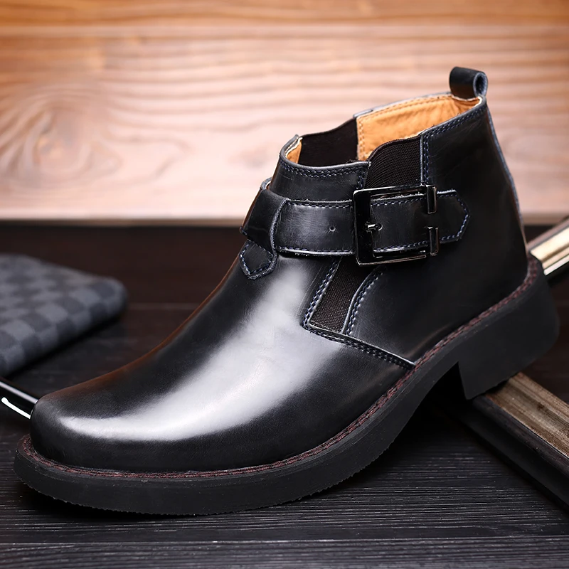 Men Boots Chelsea Ankle Boots Leather Belt Buckle Pointed boy Motorcycle Boot Pi - $177.67