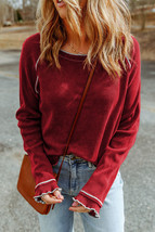 Fiery Red Textured Round Neck Long Sleeve Top - $11.56